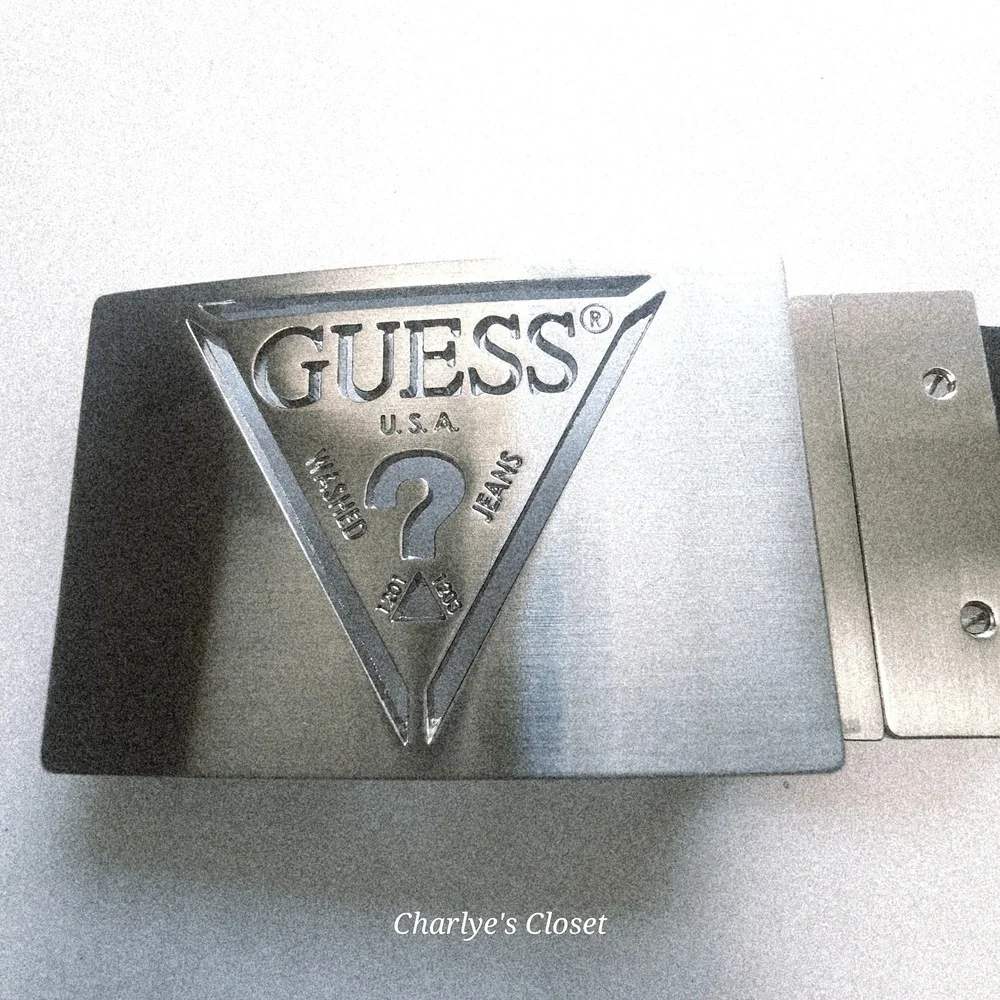 GUESS Mens Leather Belt 32 Black Silver Triangle Logo Buckle 36 Y2K Retro Riz